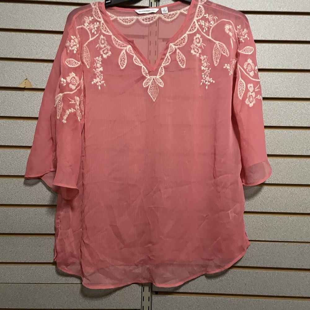 Isaac Mizrahi Live! L Coral Sheer Top Shirt Blouse 3/4 Sleeves Embroidered Vneck